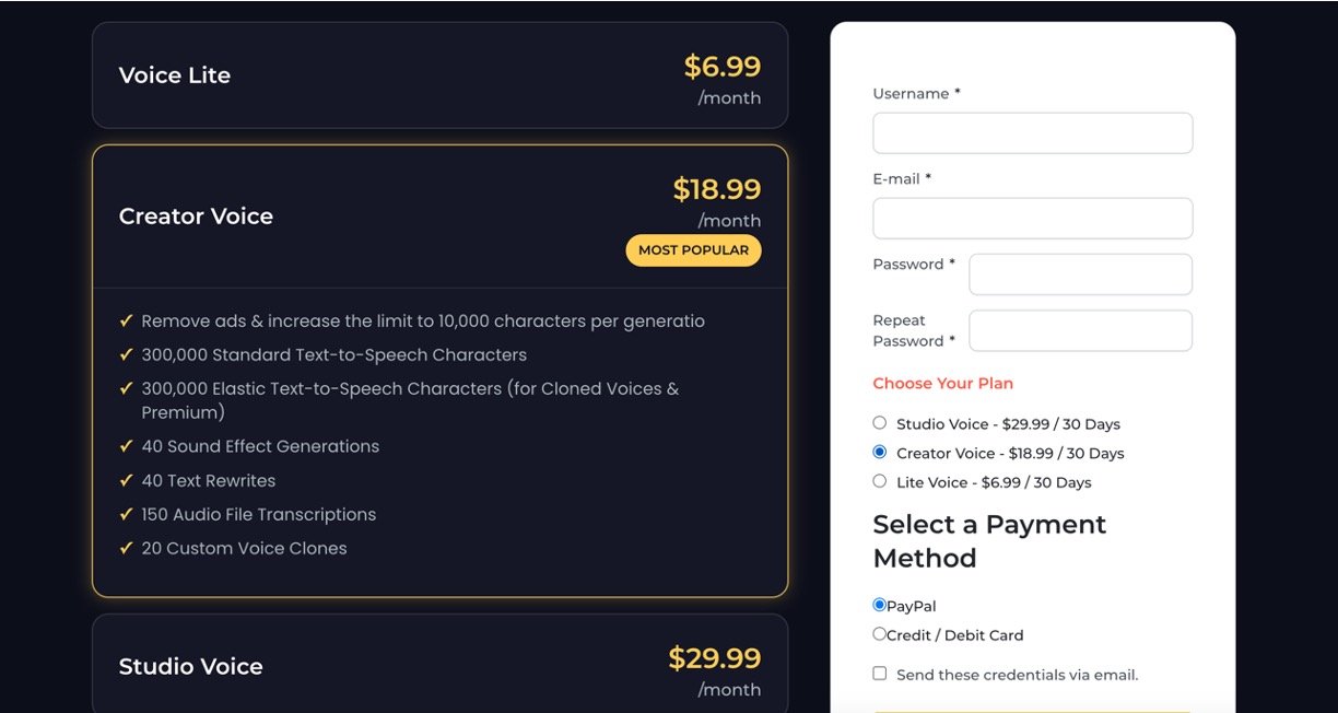 AI Voice Generator – Trump Voice Pricing